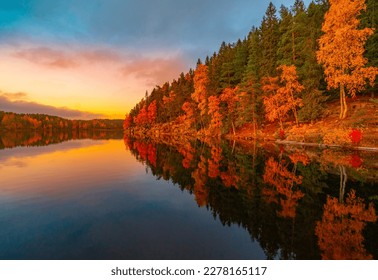 Peaceful forest lake in autumn sunset. Location: Steinbruvann, Oslo, Norway
