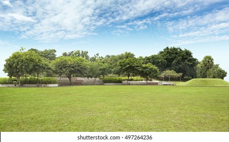 Peaceful Garden With Empty Field Under Blue Sky