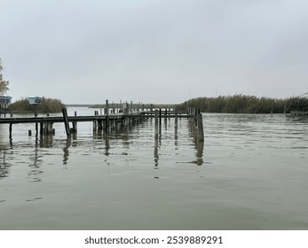 A peaceful lake scene with a wooden dock extending into calm waters, surrounded by tall reeds. The overcast sky and misty atmosphere create a serene and reflective setting, emphasizing the tranquility - Powered by Shutterstock