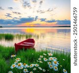 Peaceful lake at sunset with a vivid red boat and vibrant daisies, evoking tranquility and nature