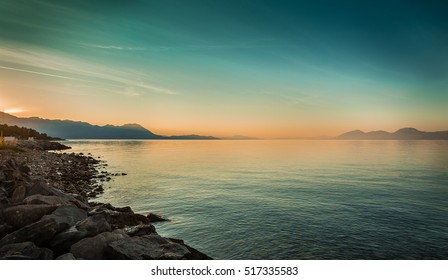 Peaceful landscape with sea and hills before sunrise. South Europe, Croatia - idyllic morning view from Hvar island. 