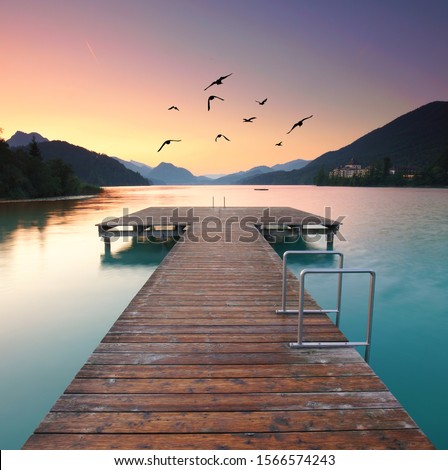 peaceful morning at the lake, romantic wooden pier  