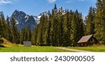 Peaceful morning scene of mountain valley with wooden cabin and spruce forest in High Tatras National Park, Slovakia, Europe. Beauty of nature concept background. Slovakia, Europe. Beauty world.