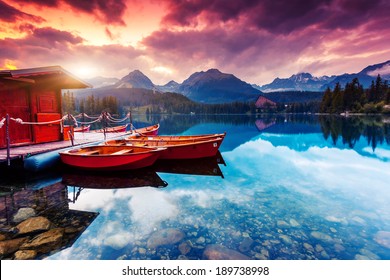 Peaceful mountain lake in National Park High Tatra. Dramatic overcast sky. Strbske pleso, Slovakia, Europe. Beauty world. - Shutterstock ID 189738998