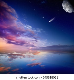 Peaceful nature background - beautiful pink sunset with falling comet, bright stars, moon and reflection in water. Elements of this image furnished by NASA nasa.gov