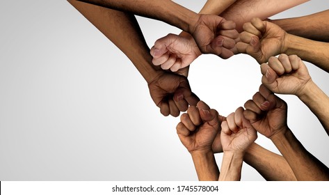 Peaceful Protest group and protester unity and diversity partnership as heart hands in a fist of diverse people together as a nonviolent resistance symbol of justice and fighting for a good cause. - Shutterstock ID 1745578004