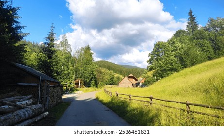 A peaceful rural road through lush greenery and traditional wooden houses in a serene countryside setting on a sunny day - Powered by Shutterstock