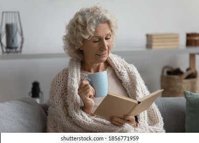 Peaceful satisfied mature woman wrapped warm blanket reading book, favorite literature and drinking tea or coffee, happy middle aged senior female relaxing, enjoying free time, weekend at home - Powered by Shutterstock