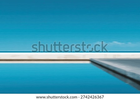 A peaceful scene with an infinity pool reflecting the clear blue sky, leading to a sandy beach and the vast ocean.