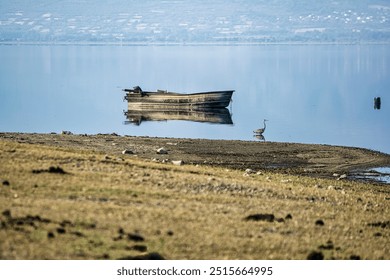 A peaceful scene at Lake Kerkini, Greece, with a boat floating on still waters and a heron standing by the shore, both reflected in the calm surface. - Powered by Shutterstock