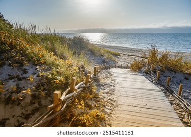 A peaceful scene in Palanga, Lithuania, with a wooden boardwalk passing through sandy dunes, leading to the sea under a clear sky - Powered by Shutterstock