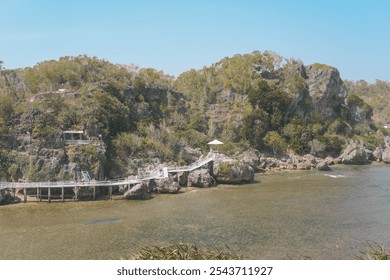 Peaceful scenery of a tropical beach in Yogyakarta with a wooden pier bridge along the shore, giving off a sense of tranquility and relaxation. - Powered by Shutterstock