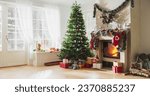 Peaceful Snowy Christmas Morning: Decorated Corner in Modern House with Christmas Tree, Fireplace and Gifts. Home of a Family Celebrating the Holidays. No People