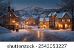 A peaceful snowy village street at dusk, with warm lights glowing in windows, creating a cozy and serene winter evening atmosphere