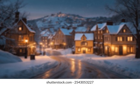 A peaceful snowy village street at dusk, with warm lights glowing in windows, creating a cozy and serene winter evening atmosphere - Powered by Shutterstock