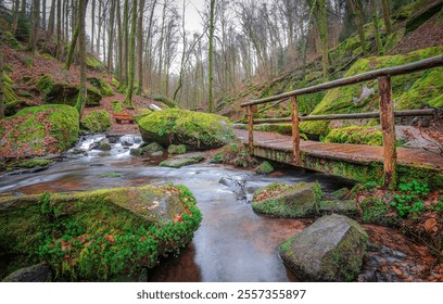 Peaceful stream flows under a rustic bridge in a mossy forest