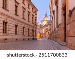 Peaceful street with historic buildings in the old town of Wroclaw, Poland, during the early evening