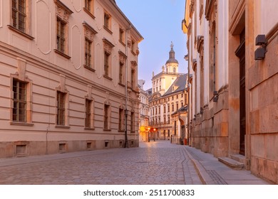 Peaceful street with historic buildings in the old town of Wroclaw, Poland, during the early evening - Powered by Shutterstock