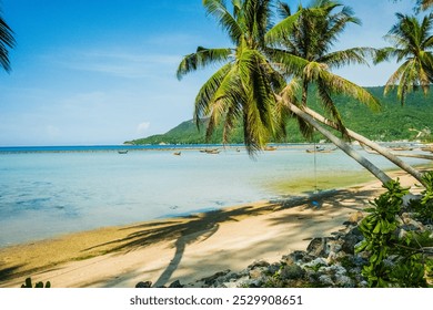 Peaceful tropical beach with clear blue water, rocks, and soft white sand. Tranquil coastal scene. palm tree - Powered by Shutterstock