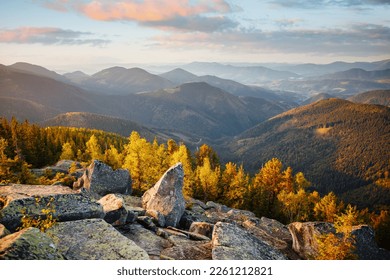 A peaceful view of distant mountain ranges in morning light. Location place Carpathian mountains, Ukraine, Europe. Vibrant photo wallpaper. Image of wild protected area. Discover the beauty of earth. - Shutterstock ID 2261212821
