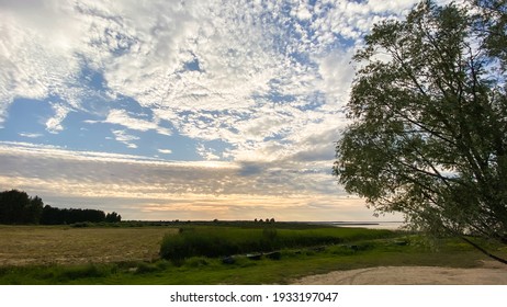 Peaceful View Of The Lake Shore And Aquatic Plants On A Beautiful Summer Evening With An Orange Sunset. Boathouse