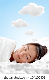 Peaceful Woman Sleeping On A Cloud And Having Sweet Dreams