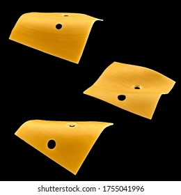 Peaces of yellow cheese flying on a black background