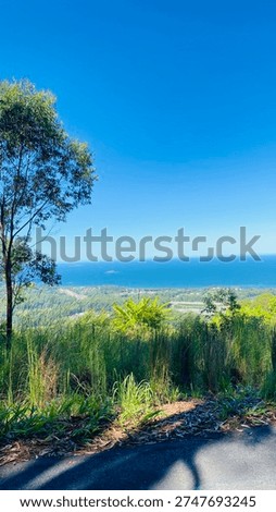 A peacetime hillside view overlooking greenery and the ocean in the distance under clear blue sky, showcasing a calm and scenic coastal landscape 