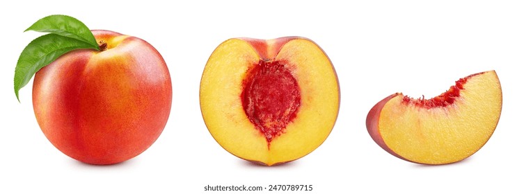 Peach collection. Peach fruits with green leaf isolated on white background. Peach with clipping path