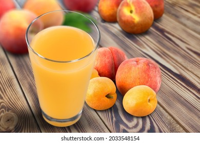 Peach Fruit Dessert In Glass Cup On Rustic Wooden Table With Fresh Peach Fruit,