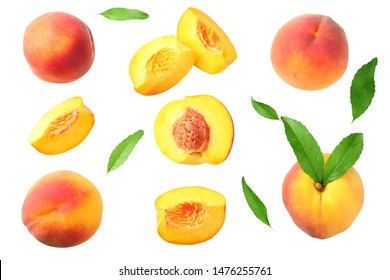 peach fruit with green leaf and slices isolated on white background. top view - Shutterstock ID 1476255761