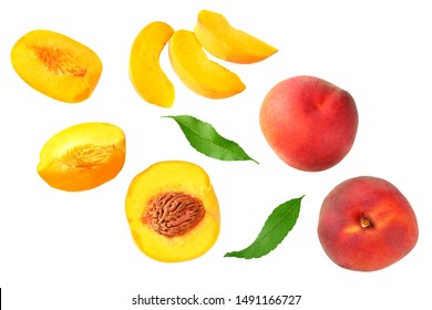 peach fruit with green leaf and slices isolated on white background. top view - Shutterstock ID 1491166727
