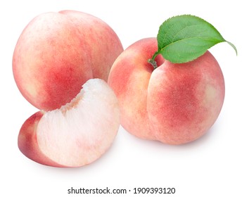 Peach fruit with leaf isolated on white background, Fresh Peach on White Background With clipping path.