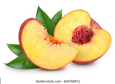 peach fruits with green leaf isolated on white background
