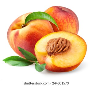 Peach. Fruits with leaves isolated on white background - Powered by Shutterstock