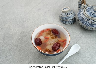Peach Gum, Chinese traditional drink that contains peach gum, bird nest, red dates, snow fungus, goji berry, and rock sugar. 
 - Shutterstock ID 2174943035