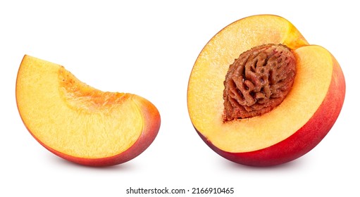 Peach half with clipping path. Ripe peach fruit with peach half isolated on white background. - Shutterstock ID 2166910465