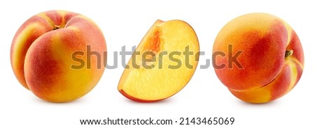 Peach half collection. Fresh organic peach isolated on white background. Peach set macro. With clipping path