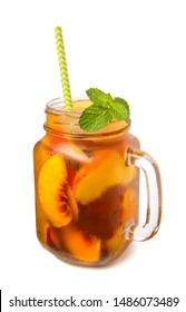 Peach Iced Tea In A Glass Jar With Mint Leaves, Summer Soft Drink Isolated On White Background