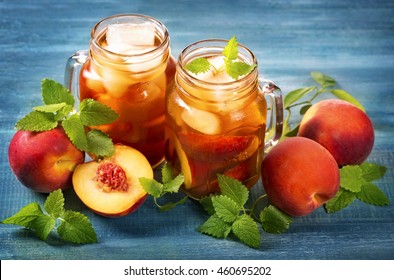 Peach Iced Tea In Glass Jars