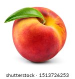 Peach isolate. Peach with leaf on white background. Full depth of field. With clipping path.