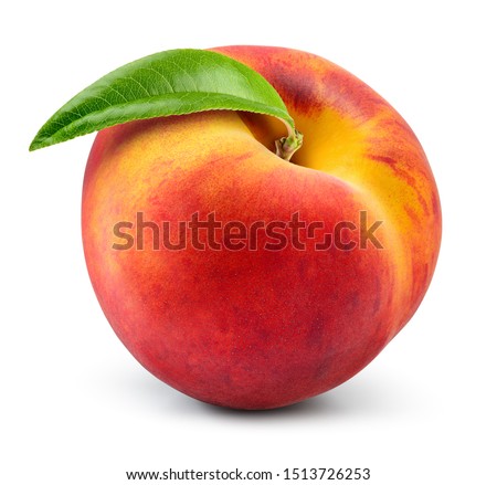 Peach isolate. Peach with leaf on white background. Full depth of field. With clipping path.