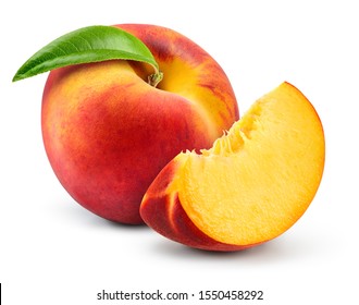 Peach isolate. Peach slice. Peach with leaf on white background. Full depth of field. With clipping path. - Shutterstock ID 1550458292