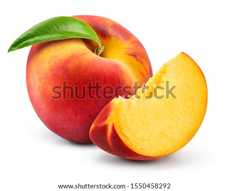 Peach isolate. Peach slice. Peach with leaf on white background. Full depth of field. With clipping path.