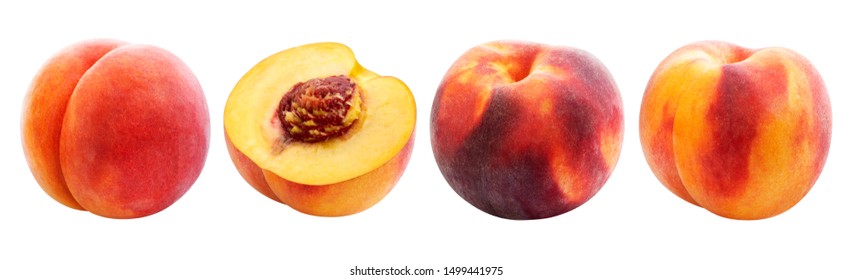 Peach isolated on white background, collection of ripe whole and sliced peaches with clipping path