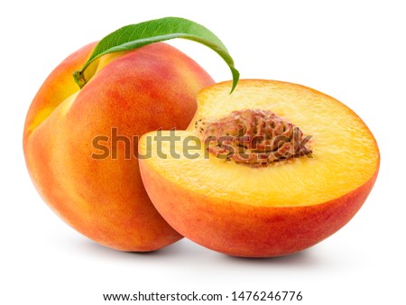 Peach isolated. Peach with slice on white background. Full depth of field. Perfect not AI peach, true photo.