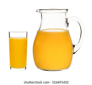 Peach Juice In A Glass And Carafe On A White Background