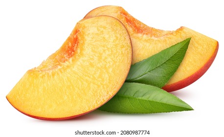 Peach with leaves isolated on white background. Peach Clipping Path. Peach macro studio photo