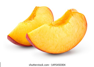 Peach Slice Isolate. Peach Slices On White. With Clipping Path.