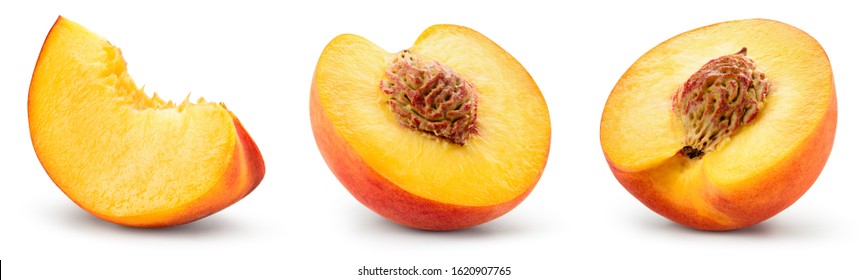 Peach slice isolated. Peach set. Peaches on white background. Collection. With clipping path.
				